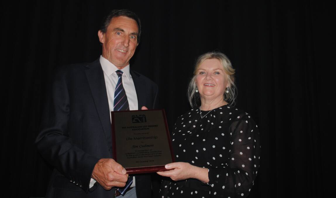 10th AWARDEE: Jim Cudmore, pictured with ALFA immediate past president Tess Herbert, has been made a life member of the Australian Lot Feeders Association.