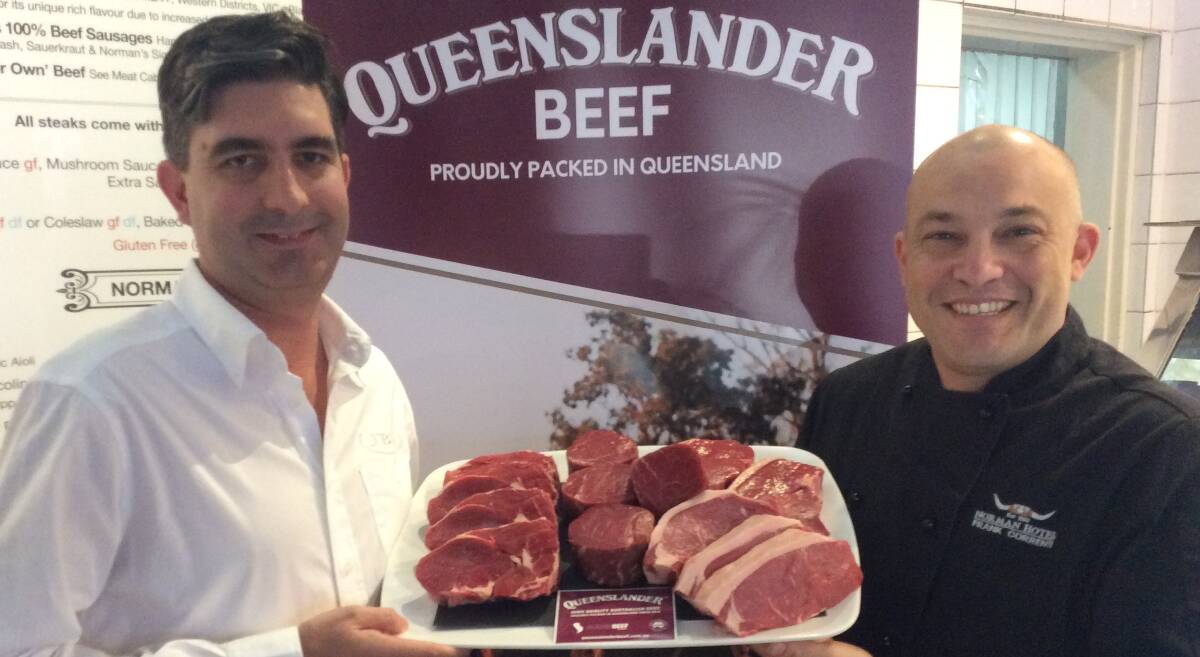 JBS business development manager Chris Miller and Norman Hotel executive chef Frank Correnti with Queenslander brand steaks.