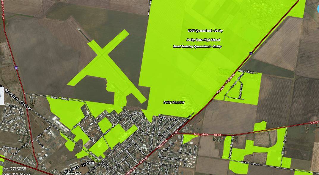 The bitumen runways at Dalby Airport and the Dalby Training College, including cultivation areas are mapped as being high risk.