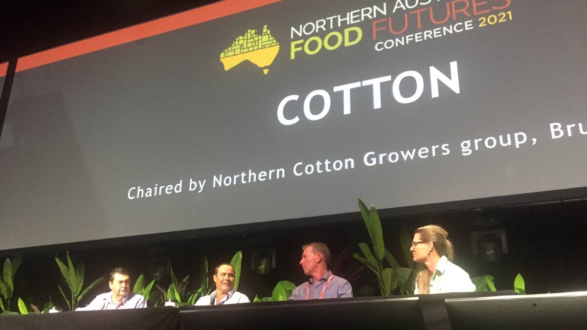 Cotton farmers Ron Greentree, Moree, Sam McBean, Ruby Plains, and Ord Irrigation Cooperative chairman Fritz Bolton with moderator Simone Cameron discussing the future of cotton in northern Australia.