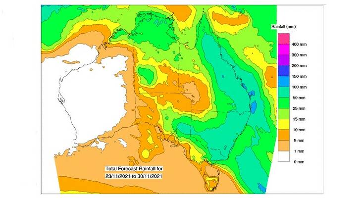 The Bureau of Meteorology is forecasting 50mm of accumulated rain for big areas over the next eight days.