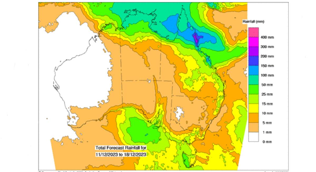 Where the rain is expected to fall from December 11 to 18. Map by BOM