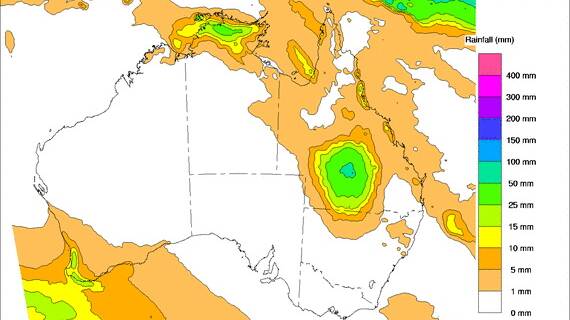 Up to 100mm of rain is forecast for parts of western Queensland during the next four days. Map - BoM