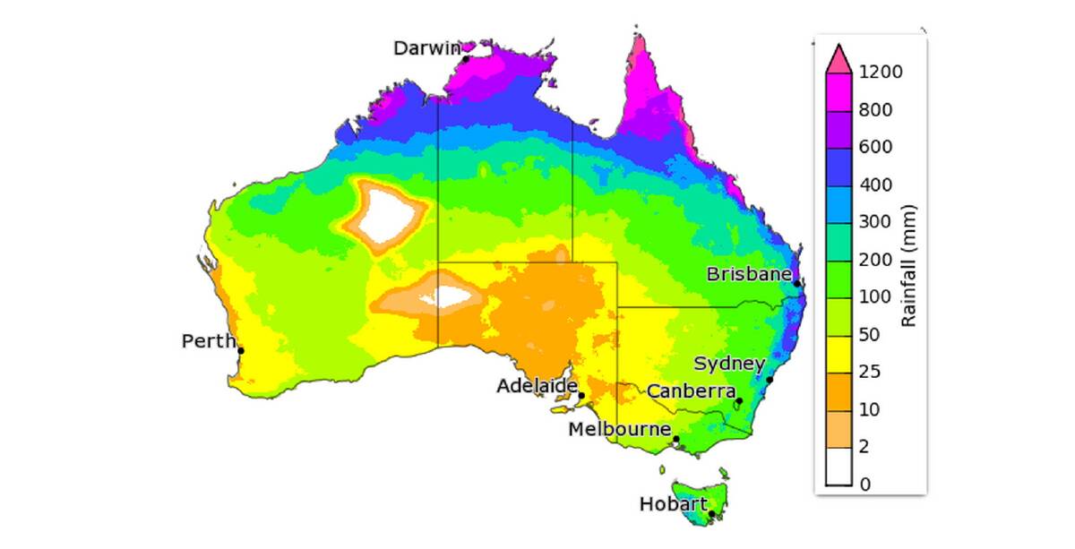 BOM's forecast map showing the 75 per cent chance of rain across Australia from January 1 to March 31. 