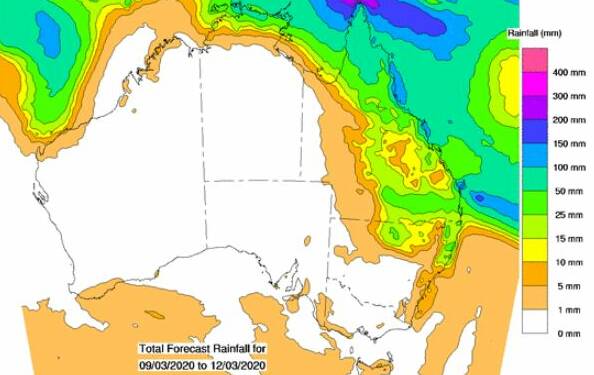 Cumulative rainfall totaled for the next four days to March 12. Source - BoM