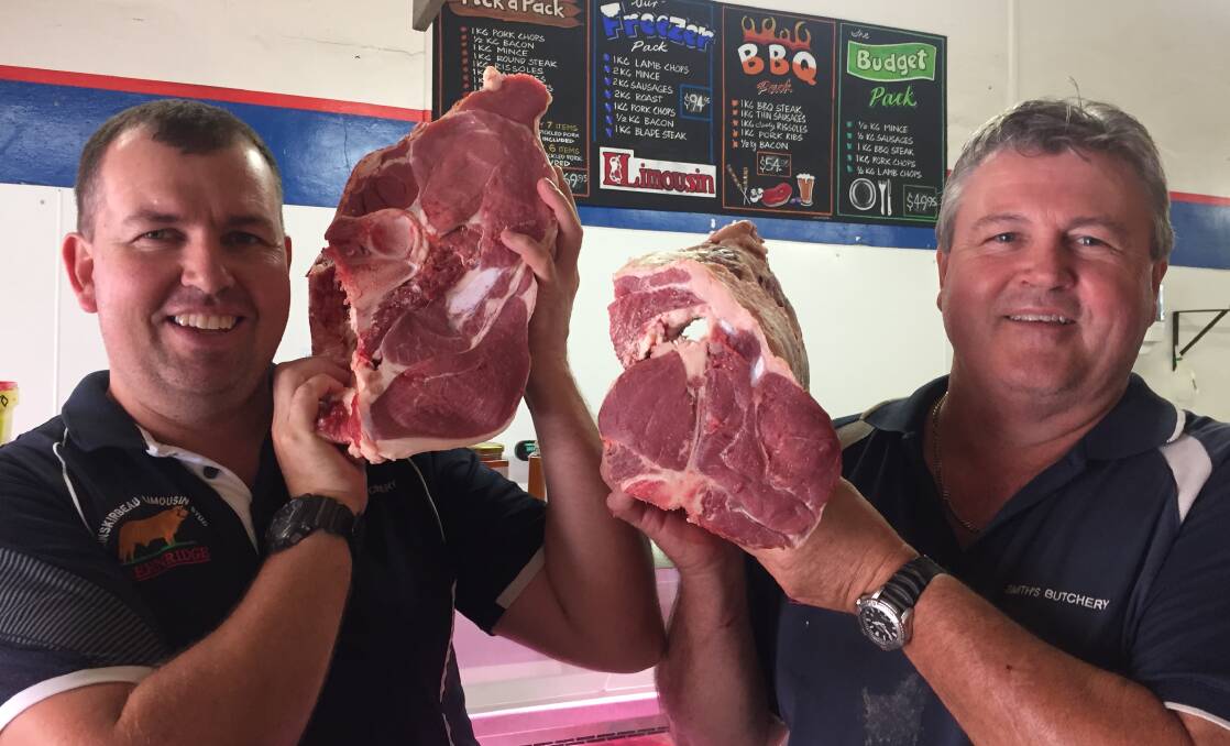 Nathan Scully and Grant Sheddon with Certified Limousin Beef at Smith's Butchery in Casino. 