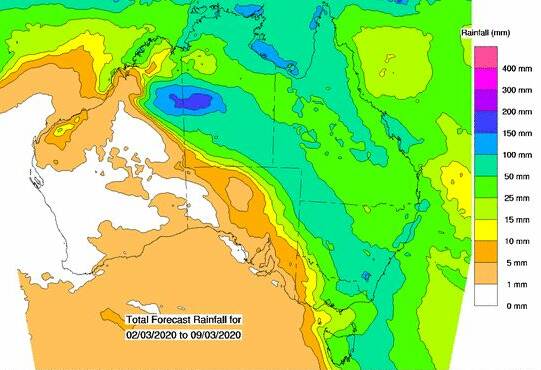 The Bureau of Meteorology is predicting a cumulative 25mm to 50mm of rain for every part of Queensland during the next eight days.